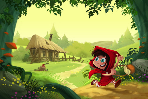 Red ridding hood illustrations, character design and color backgrounds for childrens books
